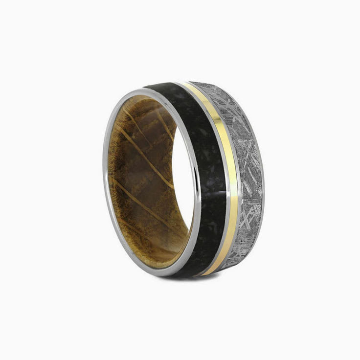 Meteorite Dinosaur Bone Ring With Wood Sleeve Gold Pinstripe