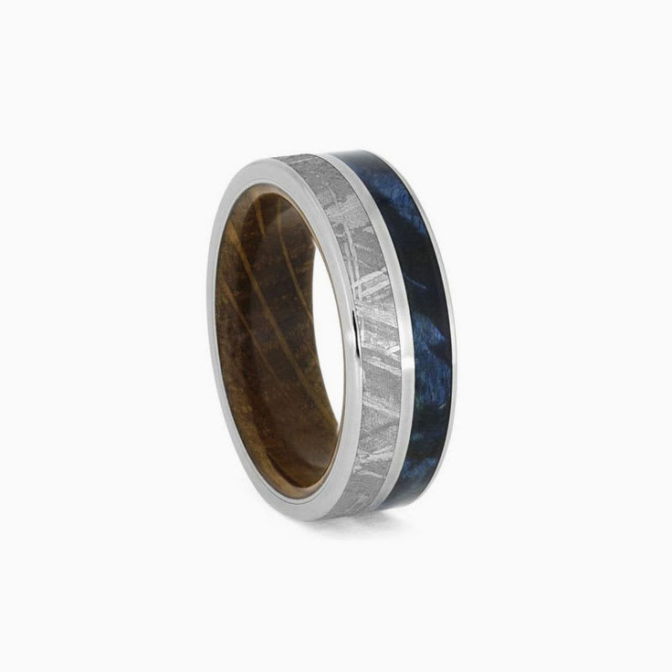 Meteorite Blue Box Elder Burl And Titanium Ring With Whiskey Wood Sleeve