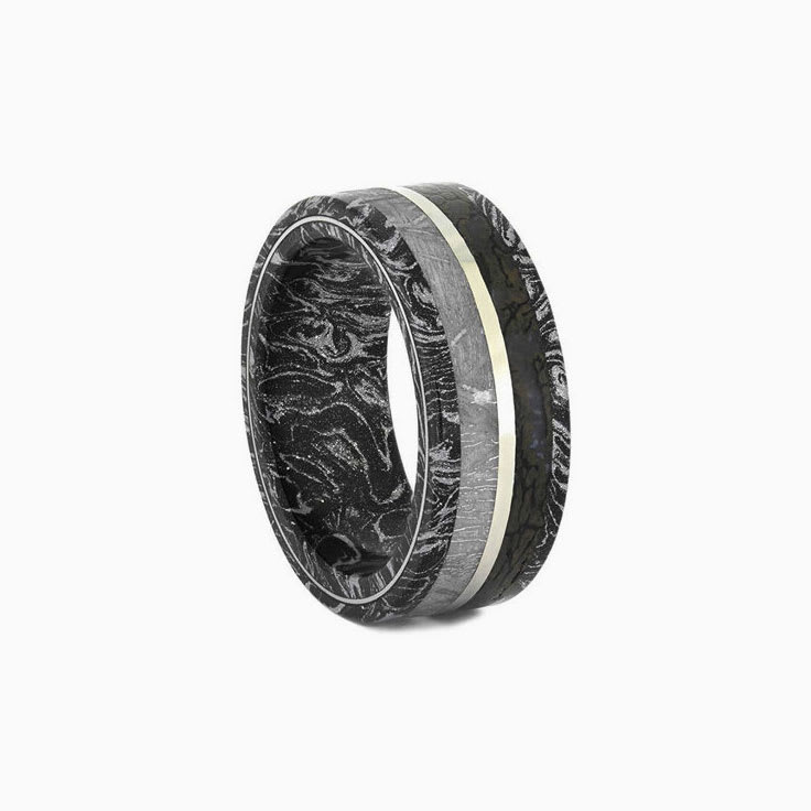 Black and White Mokume Gane Ring with Meteorite Dinosaur Bone