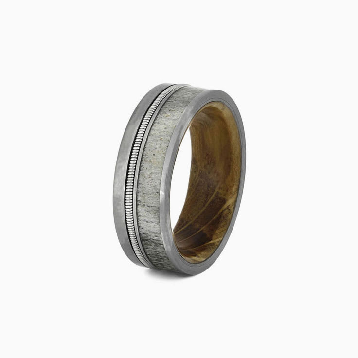 Mens whiskey barrel and Antler guitar string Ring