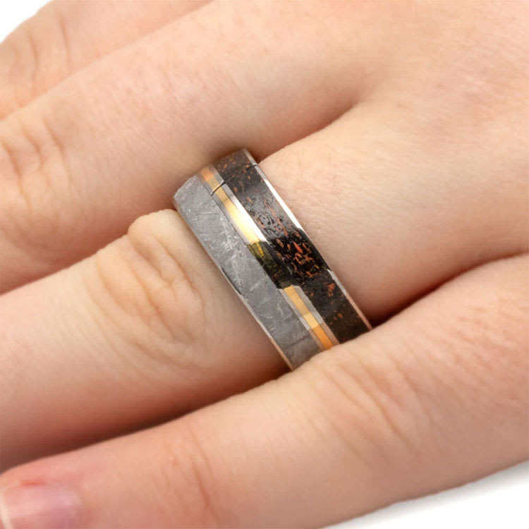 Meteorite Dinosaur Bone Ring With Wood Sleeve Gold Pinstripe