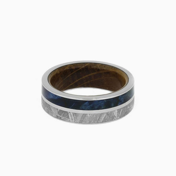 Meteorite Blue Box Elder Burl And Titanium Ring With Whiskey Wood Sleeve