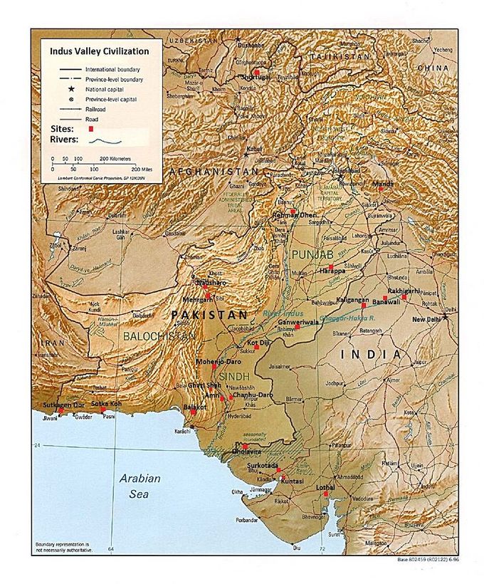 Major sites include Shortugai in Afghanistan; Sutkagen Dor, Sotka Kosh, Belakot, Amri, Chanhu-Darb, Ghazi Shah, Mohenjo-Daro, Kot Diji, Mehrgarh, Natusharo, Ganweriwala, Harappa, and Rehman Dheri in Pakistan; as well as Manda, Rakhigarhi, Banawali, Kaligangan, Dholavira, Surkotada, Kuntasi, and Lothal in India.