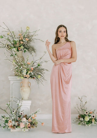 One shoulder blush pink satin maxi bridesmaids dress.