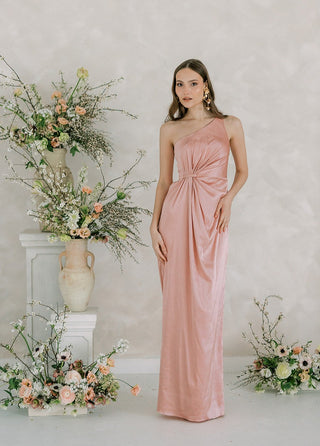 One shoulder blush pink satin maxi bridesmaids dress.