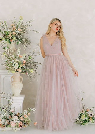 lilac tulle maxi bridesmaid dress.