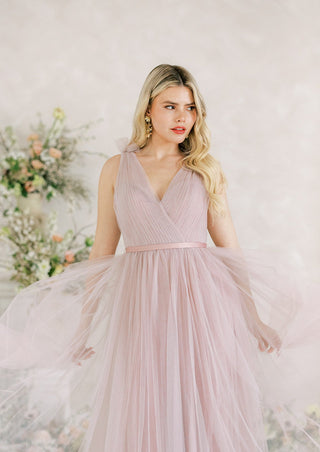 lilac tulle maxi bridesmaid dress.