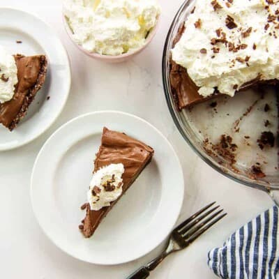 overhead view of keto chocolate pie topped with whipped cream.