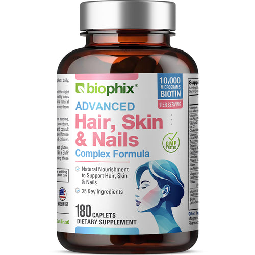 biophix Hair Skin and Nails Complex 180 Caplets with 10,000 mcg Biotin