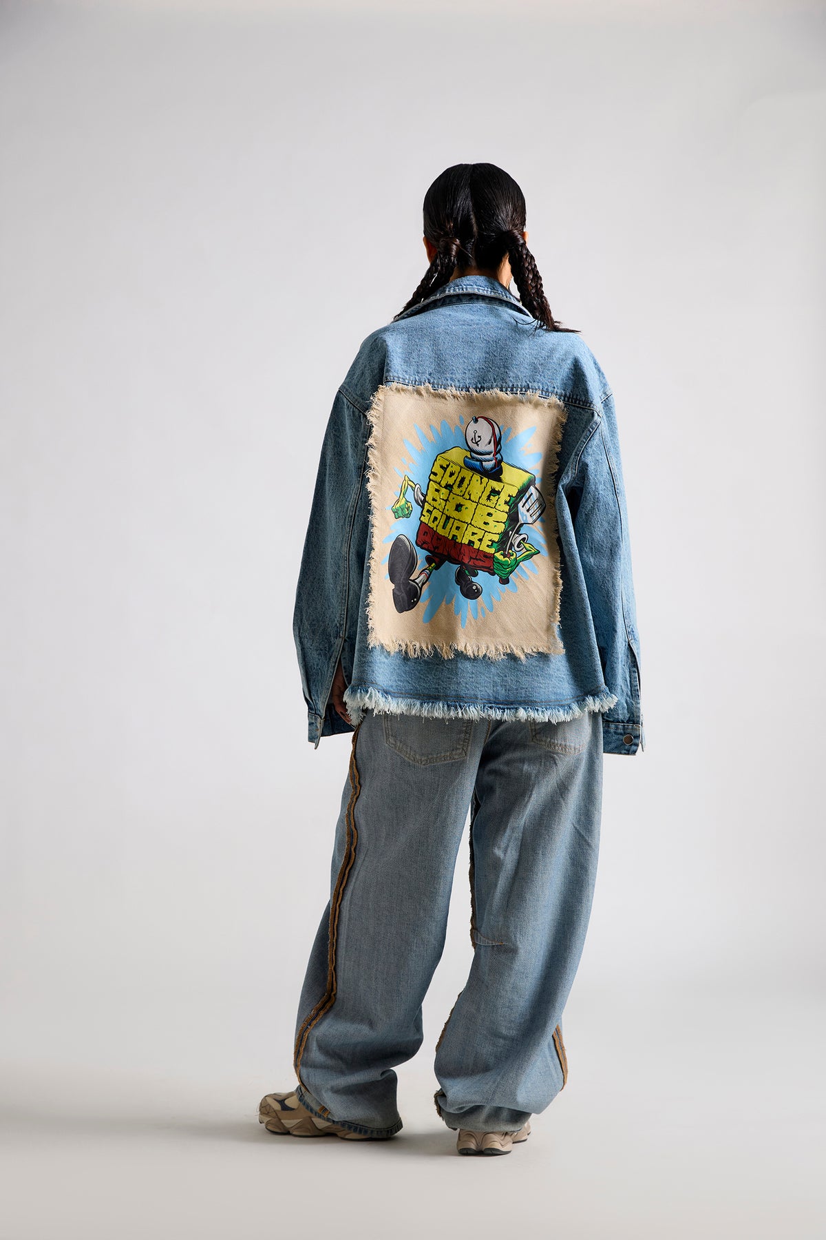 Spongebob: Sponge Script Frycook Printed Canvas Oversized Denim Jacket