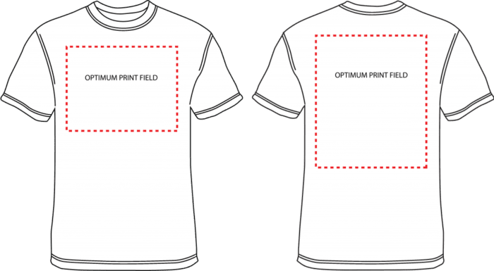 Illustration of the front and back of a tshirt and the optimum print field