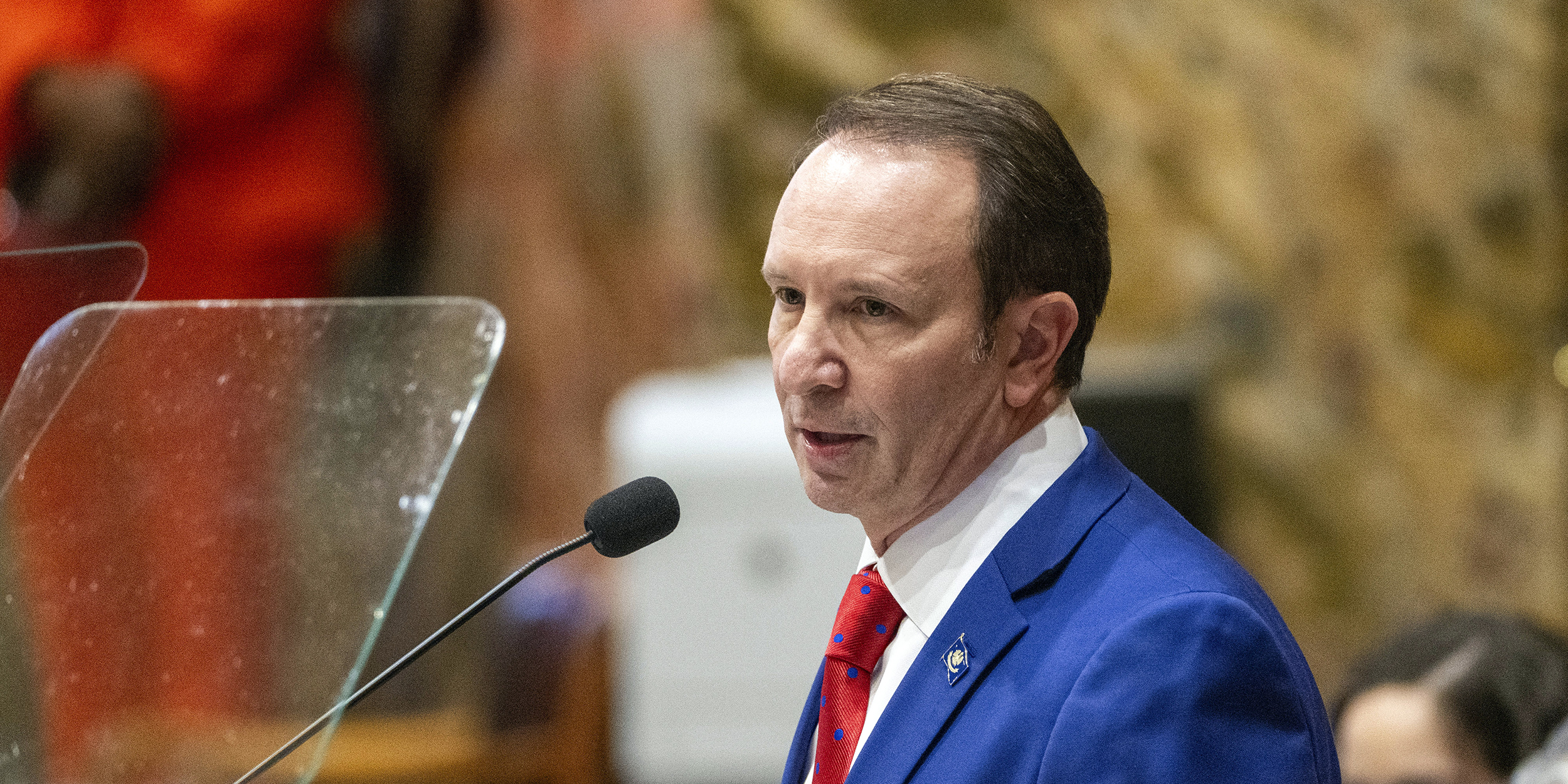 Gov. Jeff Landry speaks during the start of the special session in the House Chamber on Monday, Jan. 15, 2024, in Baton Rouge, La. Landry called for the special session only a few hours after taking office. (Michael Johnson/The Advocate via AP, Pool)