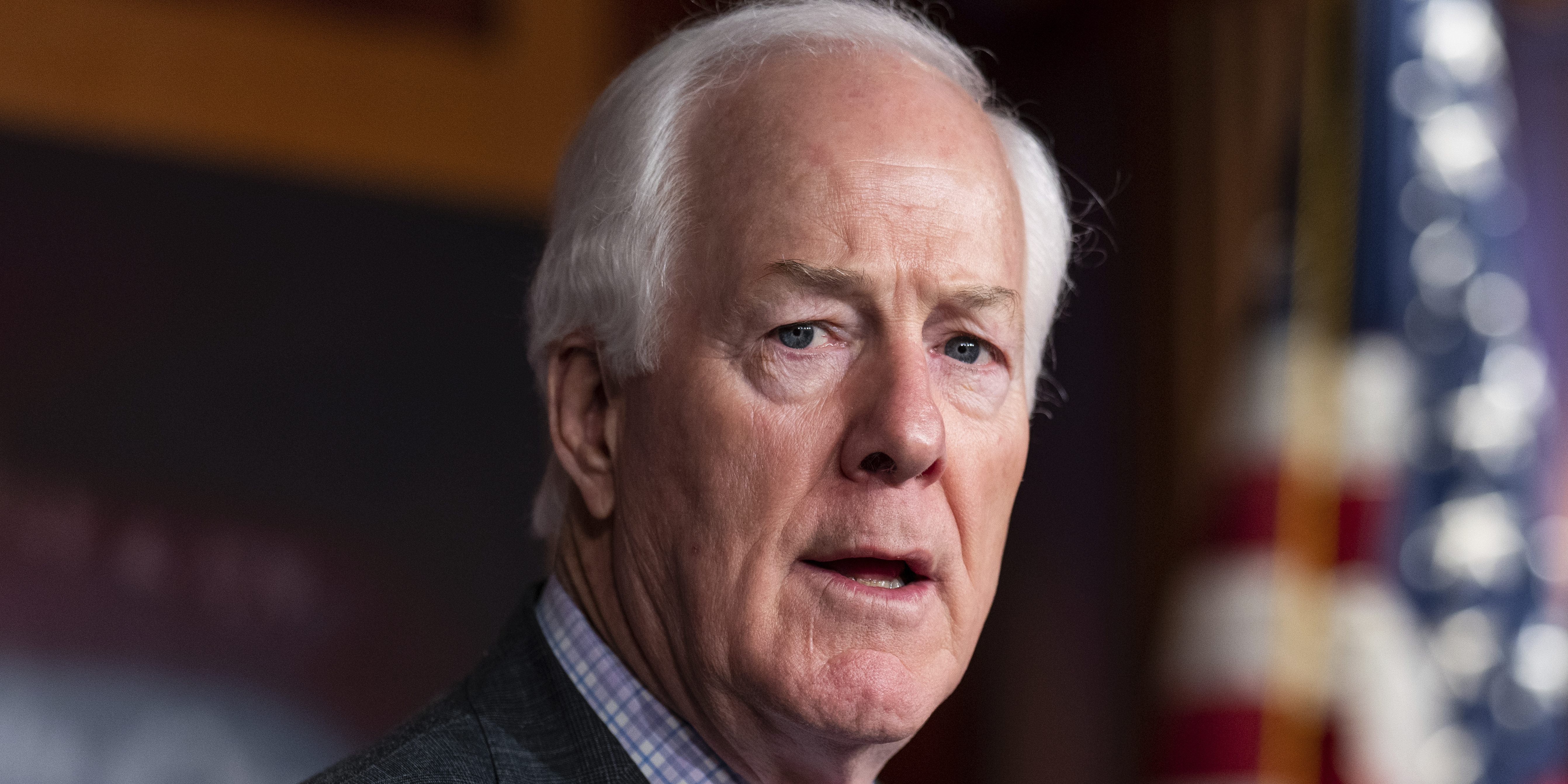WASHINGTON - MARCH 21: Sen. John Cornyn, R-Texas, speaks during the news conference to introducw the Laken Riley Act in the U.S. Capitol on Thursday, March 21, 2024. (Bill Clark/CQ Roll Call via AP Images)