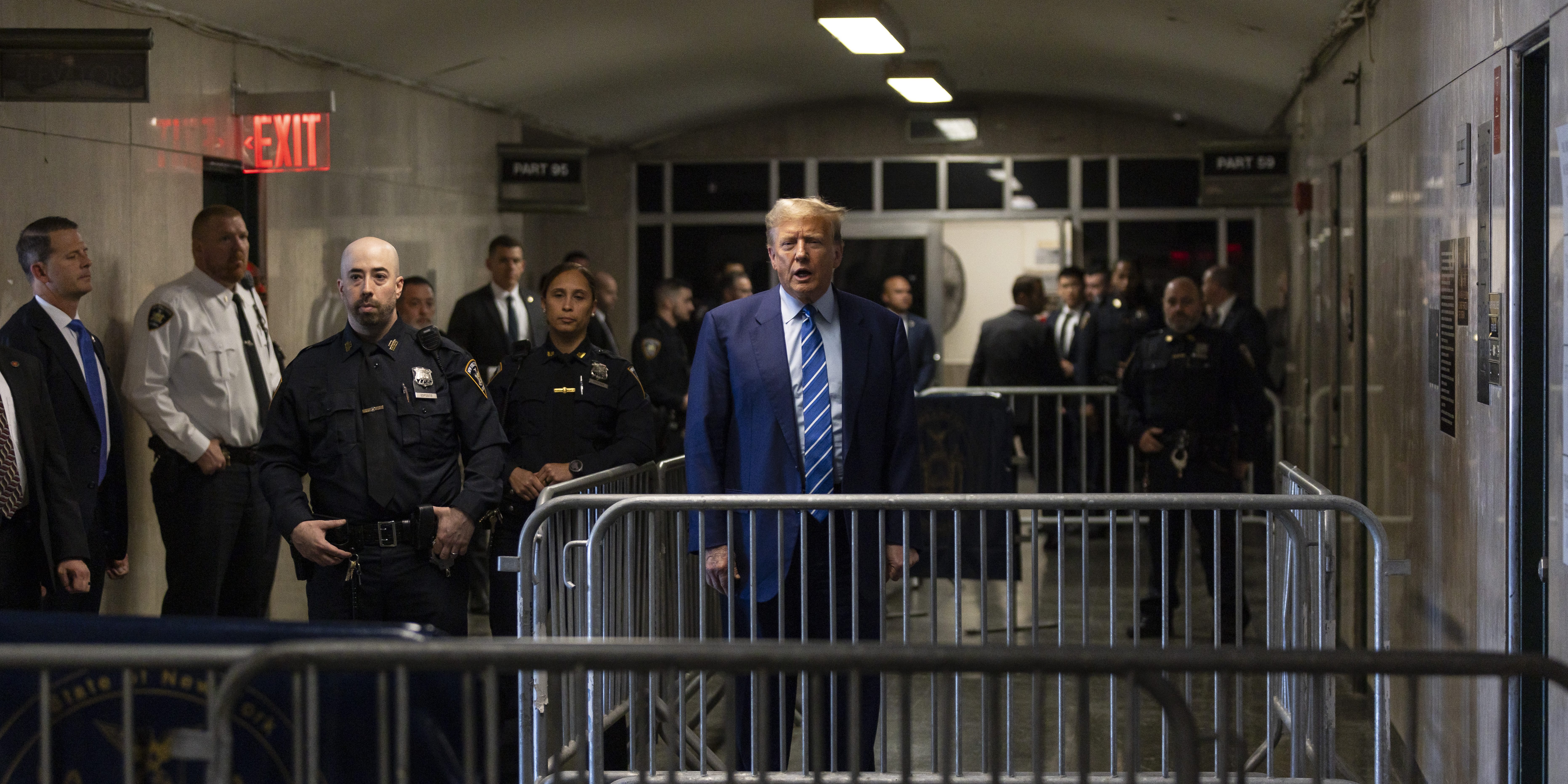 Former President Donald Trump talks to reporters at the conclusion of the second day of jury selection for his criminal trial at Manhattan Criminal Court on April 16, 2024 in New York City.