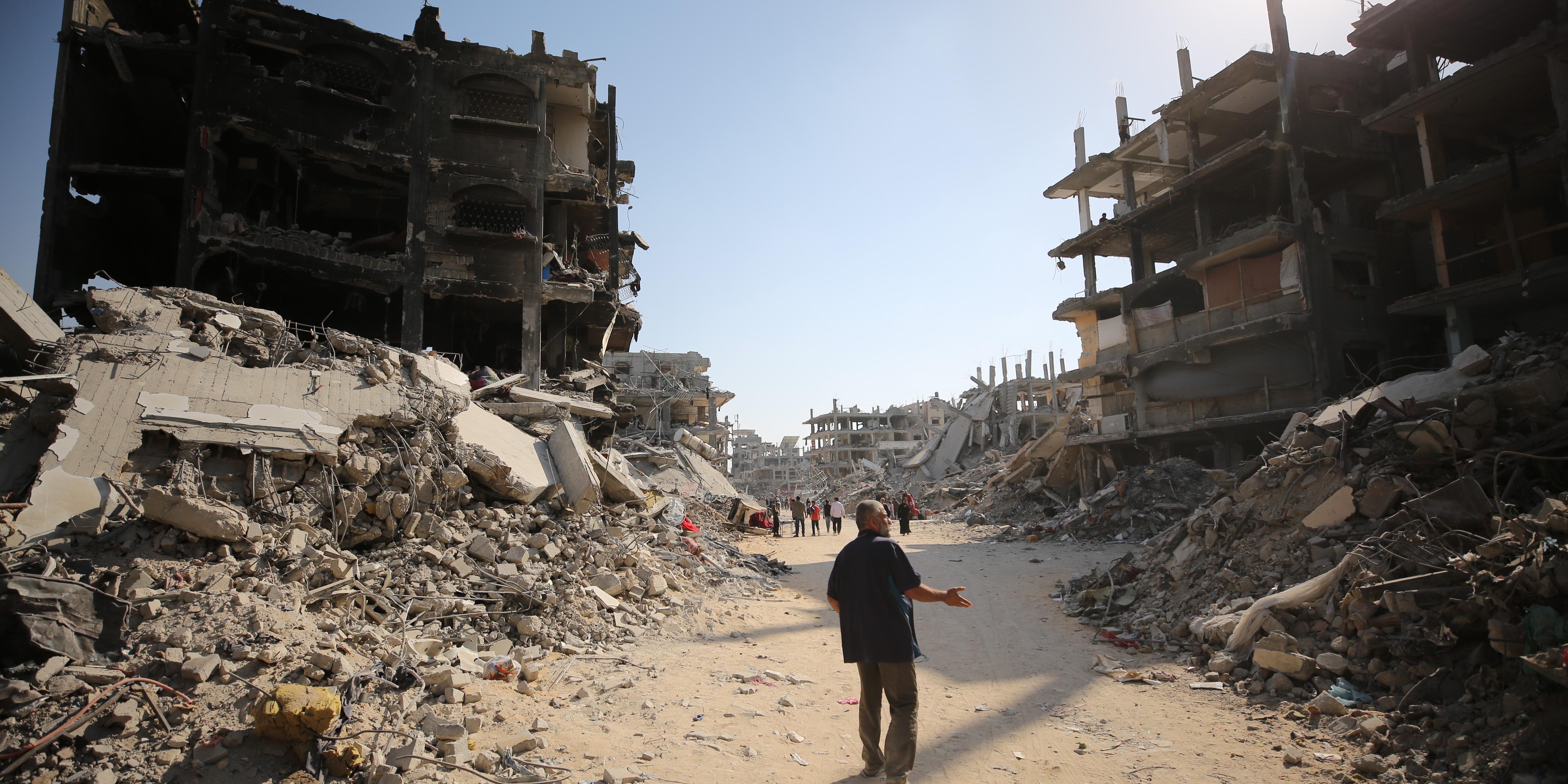 A view of the Sheikh Zayed Towers destroyed due to Israeli attacks in Gaza City on June 04, 2024. After the withdrawal of the Israeli army from the Sheikh Zayed Tower in the north of Gaza City, the great destruction and devastation in the area was revealed. (Photo by Dawoud Abo Alkas/Anadolu via Getty Images)