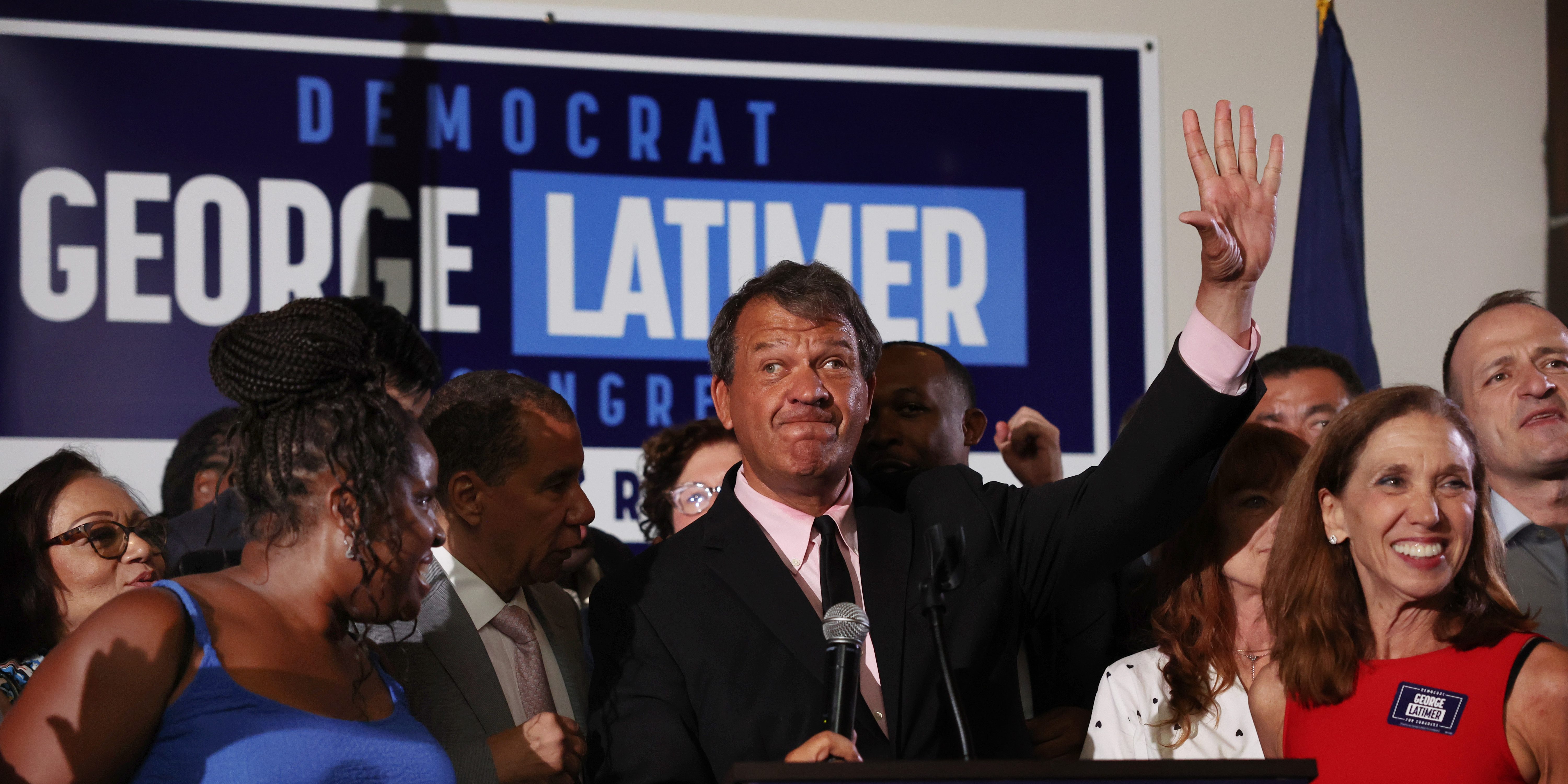 WHITE PLAINS, NEW YORK - JUNE 25: Westchester County Executive George Latimer speaks to supporters after winning his race against Democratic incumbent Representative Jamaal Bowman in the 16th Congressional District of New York's Democratic primary. Latimer beat Bowman, one of the most liberal members of Congress, after the congressman made a series of statements critical of Israel and supportive of Palestinians in a district with a large population supportive of Israel.  (Photo by Spencer Platt/Getty Images)