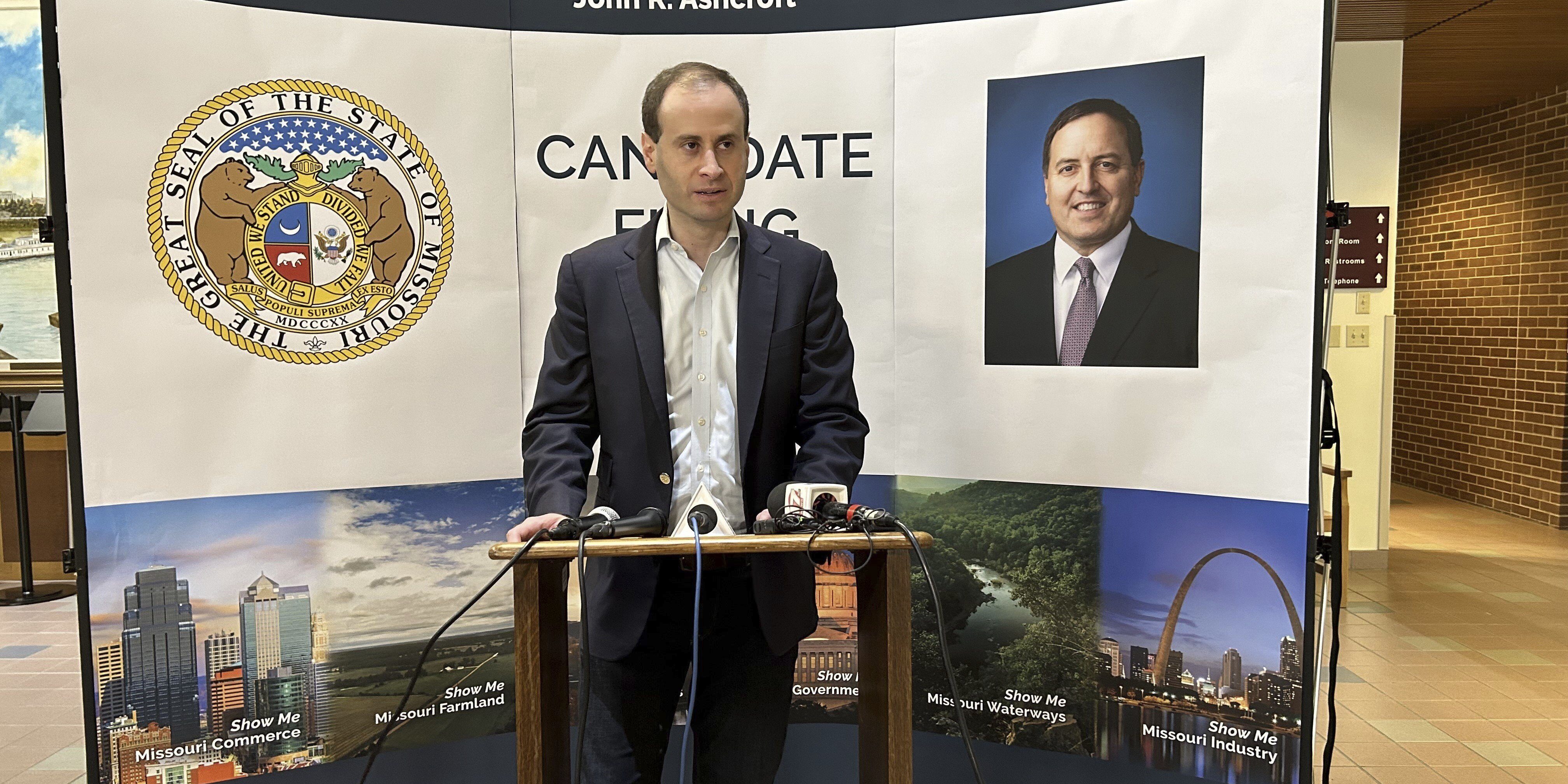In this Tuesday, Feb. 27, 2024 photo, Will Scharf speaks at the James C. Kirkpatrick State Information Center in Jefferson City, Mo. Scharf is seeking the Republican nomination for attorney general.