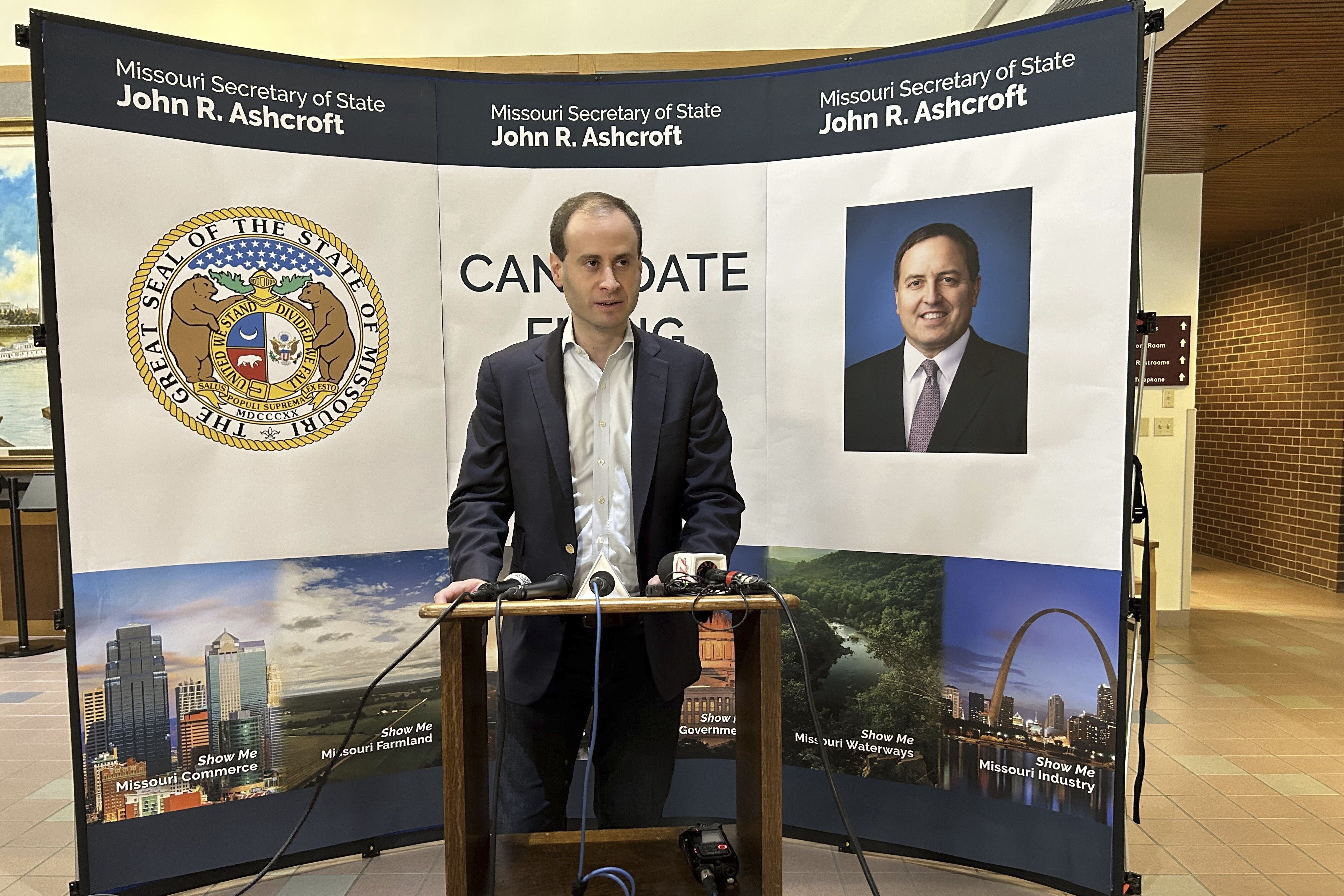 In this Tuesday, Feb. 27, 2024 photo, Will Scharf speaks at the James C. Kirkpatrick State Information Center in Jefferson City, Mo. Scharf is seeking the Republican nomination for attorney general.