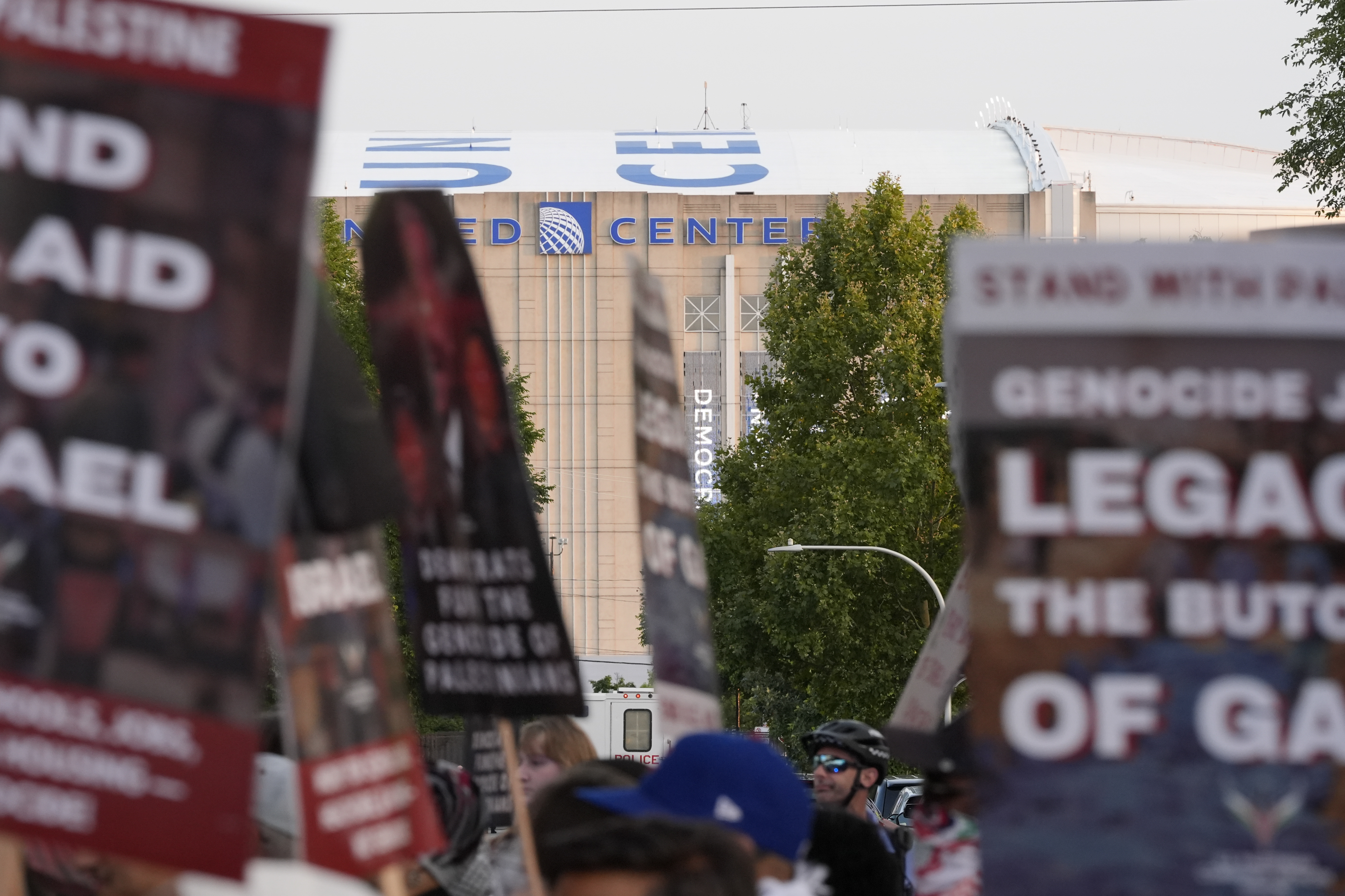 Protesters march during a demonstration outside the Democratic National Convention Wednesday, Aug. 21, 2024, in Chicago.