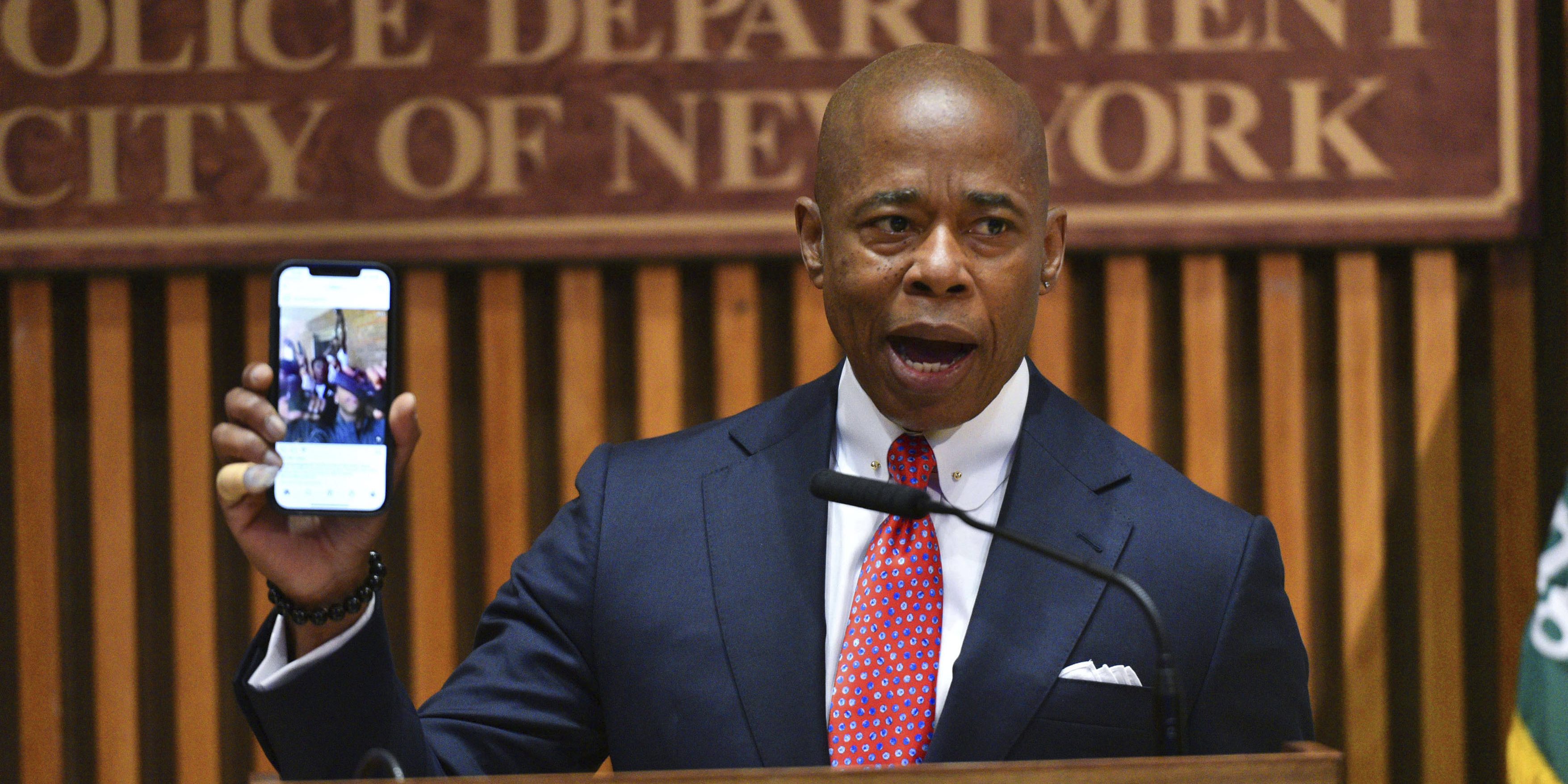 New York City Mayor Eric Adams at a press news conference on May 25, 2022 at NYPD police department headquarters in Manhattan.