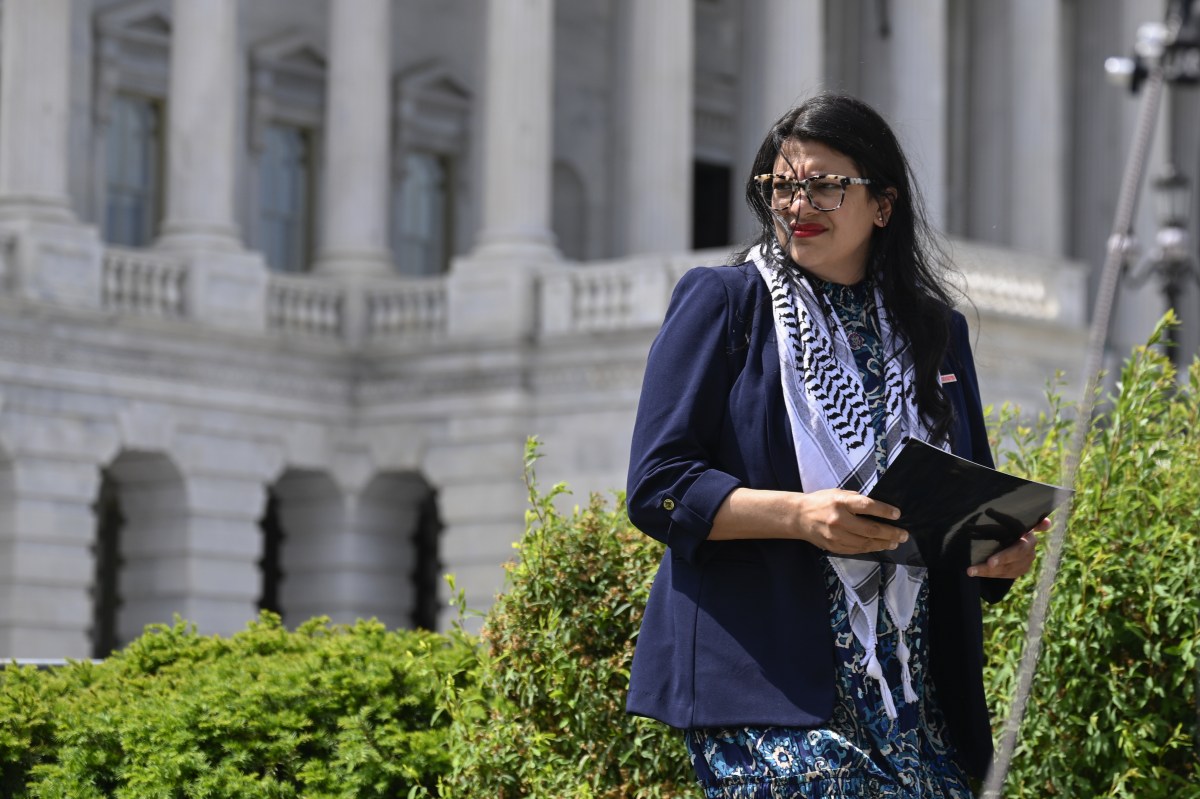 WASHINGTON DC, UNITED STATES - MAY 8: US representatives Rashida Tlaib and Cori Bush (not seen) hold a press conference with the student representatives of George Washington University (GWU), after their solidarity encampment with Palestine was raided by the police, in front of the Congress building in Washington D.C., United States on May 8, 2024. (Photo by Celal Gunes/Anadolu via Getty Images)