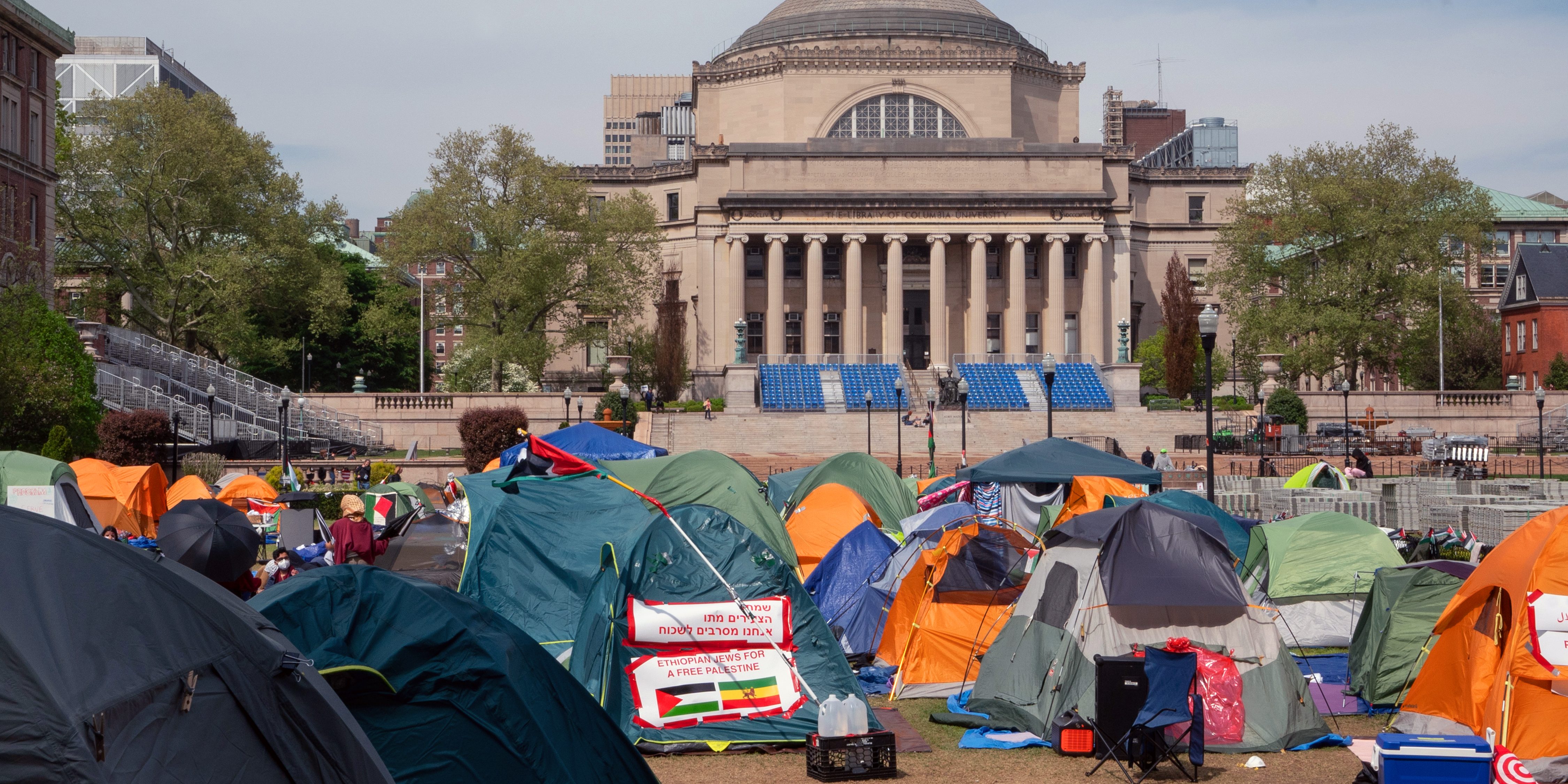 Pro-Palestinian student protesters at Columbia University on April 30, 2024, after they occupied Hamilton Hall overnight.