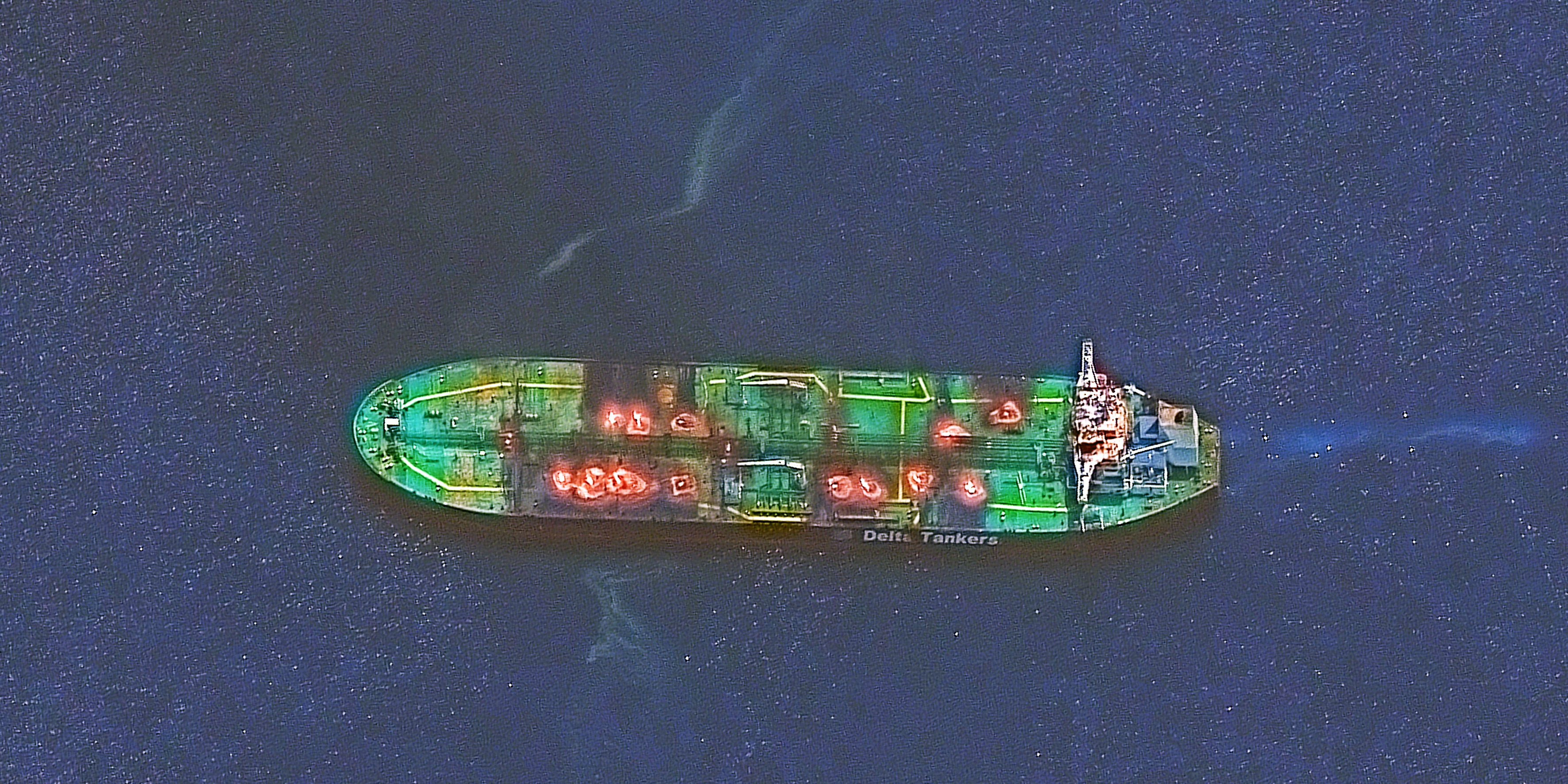 SOUNION TANKER, RED SEA -- AUGUST 29, 2024: Maxar satellite imagery of the Greek-flagged crude oil tanker Sounion that was recently attacked by Yemen's Houthis on fire in the Red Sea and leaking oil, . Please use: Satellite image (c) 2024 Maxar Technologies.