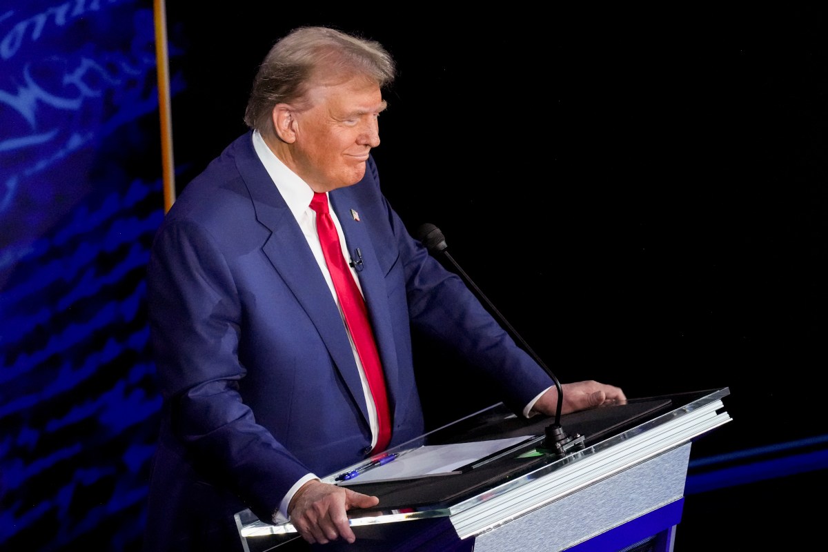 Former US President Donald Trump during the second presidential debate at the Pennsylvania Convention Center in Philadelphia, Pennsylvania, US, on Tuesday, Sept. 10, 2024. Trump and US Vice President Kamala Harris enter Tuesday's debate in search of the same goal, a moment that will help them gain the edge in a race polls show is essentially tied. Photographer: Doug Mills/The New York Times/Bloomberg via Getty Images