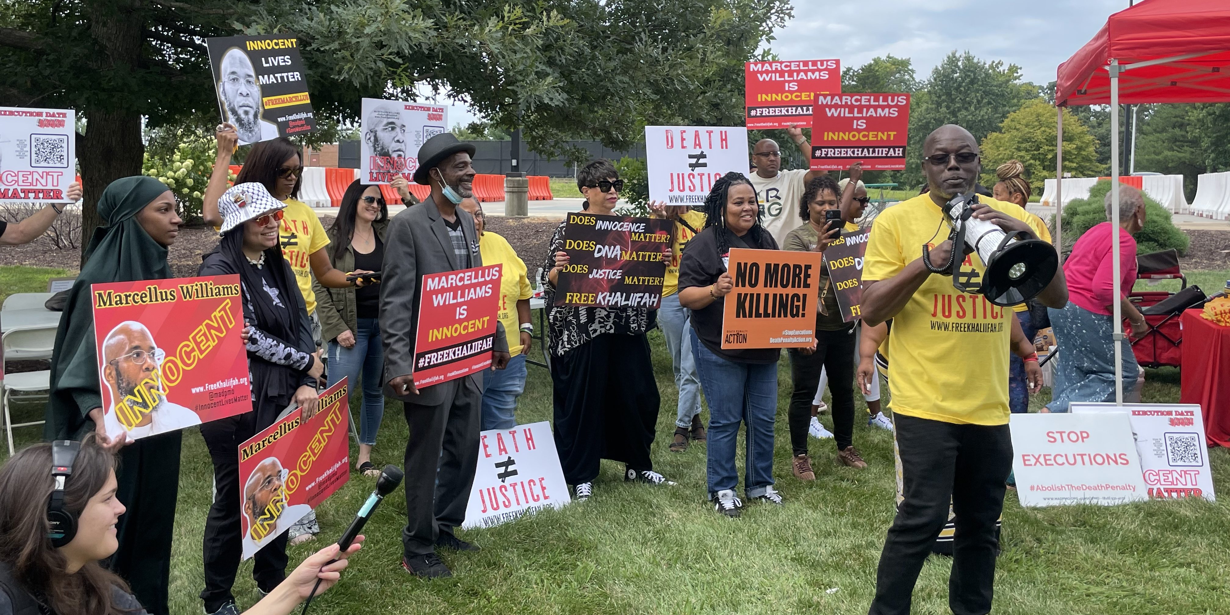 Supporters of Marcellus Williams rally in favor of his exoneration in Shaw Park near St. Louis County Court in Clayton, Mo., on Aug. 21, 2024.