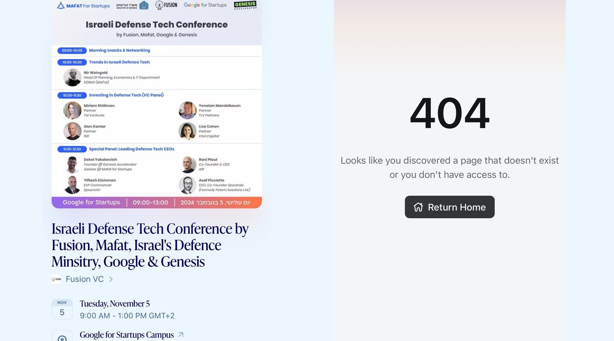 A pair of screenshots showing a Google-sponsored Israeli defense tech event, on the left, and the same event page after being deleted, on the right.