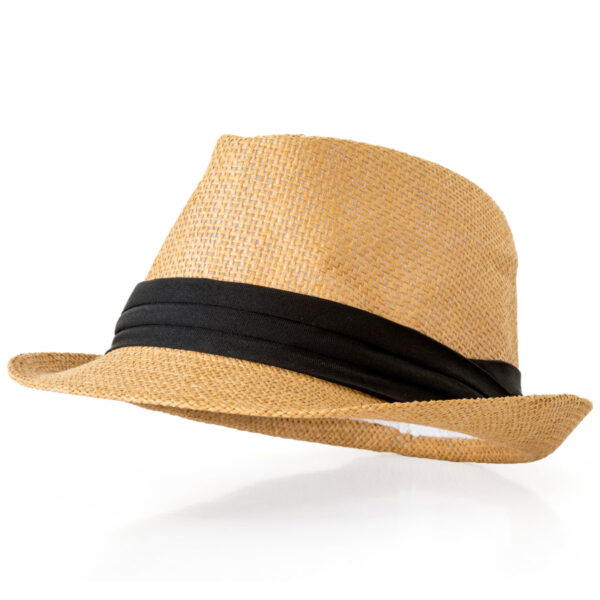 pale yellow straw fedora with black sash.