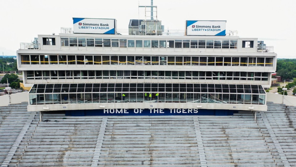 <strong>Construction crews work on the press box of Simmons Bank Liberty Stadium July 20, 2024.</strong> (Patrick Lantrip/The Daily Memphian)