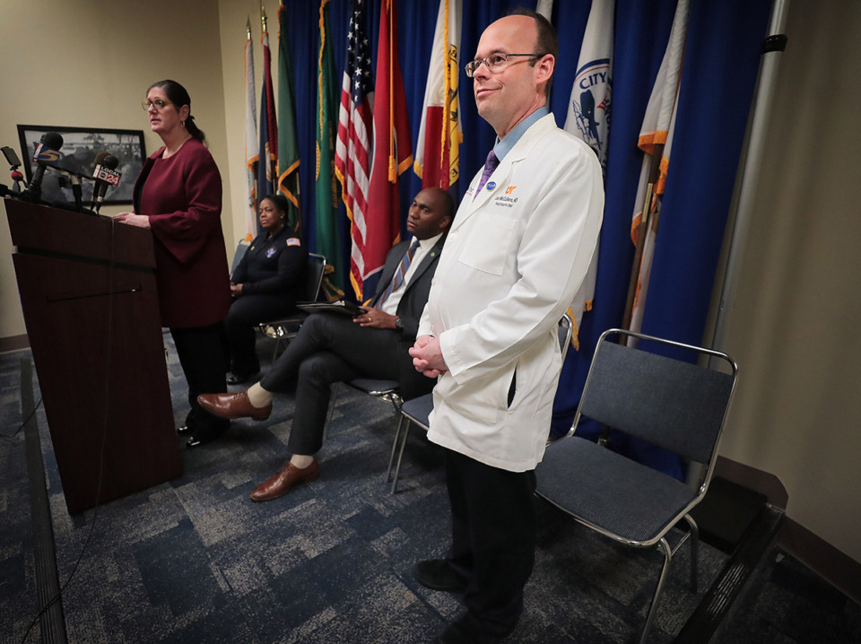 <strong>Dr. Jon McCullers (right), senior associate dean of the University of Tennessee Health Sciences Center and Dr. Alisa Haushalter (left), Shelby County Health Department Director, answer questions about the COVID-19 virus during a daily update press briefing at the Shelby County Emergency Management and Homeland Security office on March 19, 2020.</strong> (Jim Weber/The Daily Memphian file)