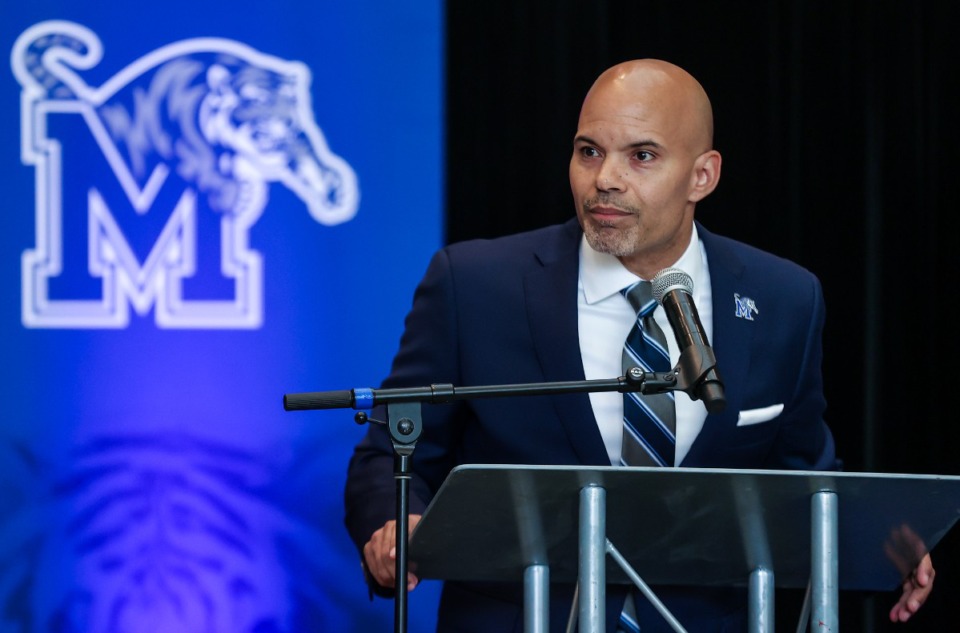 <strong>New University of Memphis athletic director Ed Scott speaks at a June 28, 2024 press conference announcing his arrival.</strong> (Patrick Lantrip/The Daily Memphian)