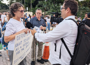 Rachele Fruit at Miami rally three days after Hamas pogrom in Israel Oct. 7. “Fight against Jew-hatred is a life-and-death question for working people,” SWP presidential candidate says.