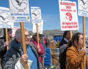 Margaret Trowe at April 16, 2023, protest by ferry boat workers in San Francisco demanding contract. Solidarity with union struggles is central to the Socialist Workers Party campaign.