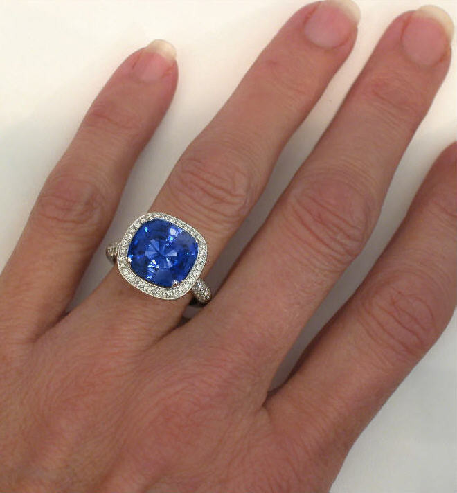 Large Diamond Rings
 Cushion Cut Ceylon Sapphire and Filigree Diamond