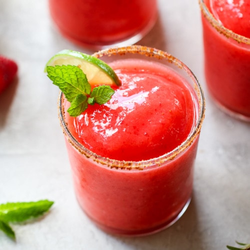 Overhead view of frozen strawberry margaritas