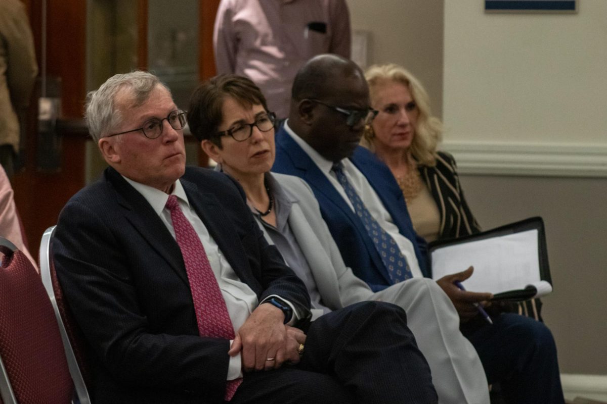 (Left to Right) Board of Trustees Robert Lamb and Suffolk President Marisa Kelly during a March 26 forum on the arming of SUPD. Faculty are voting on whether or not to censure the university leaders. 