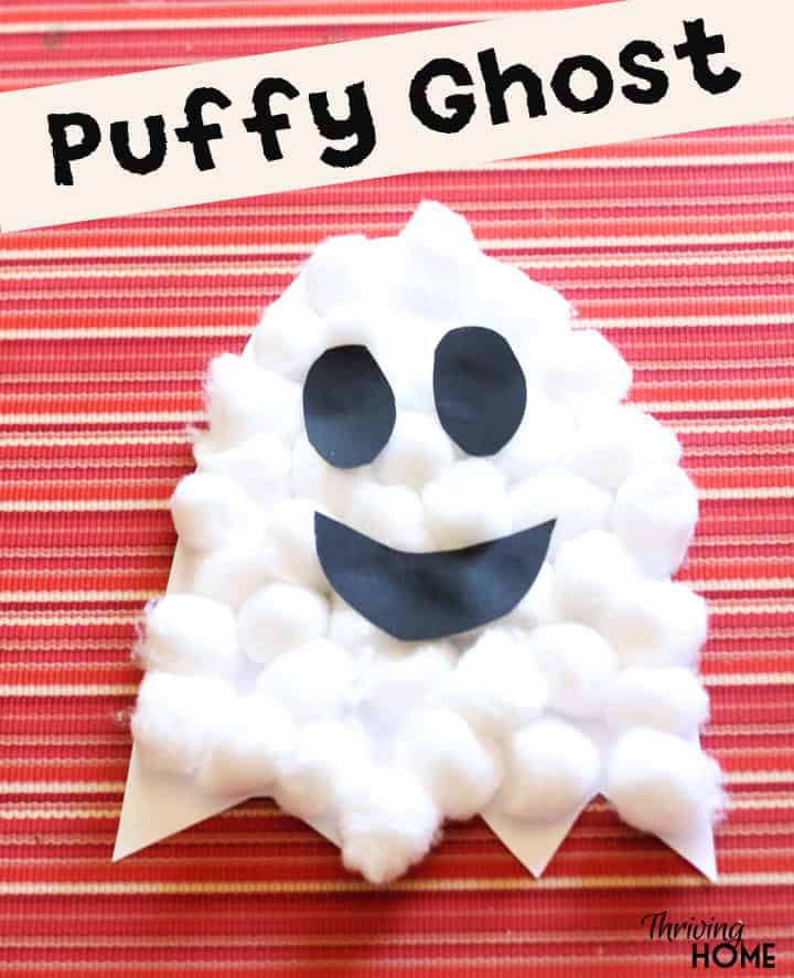 Puffy Ghost craft - cotton balls glued on a ghost shaped white piece of paper with black construction paper eyes and mouth glued on.