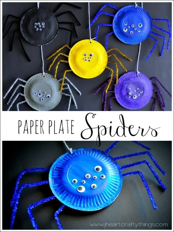 Paper Plate Spiders Halloween Craft for preschoolers completed in different colors.