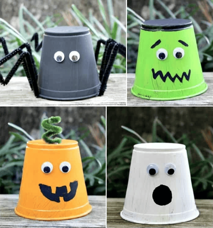 Collage of four different monster cups Halloween craft - black spider, green monster, orange pumpkin, white ghost.