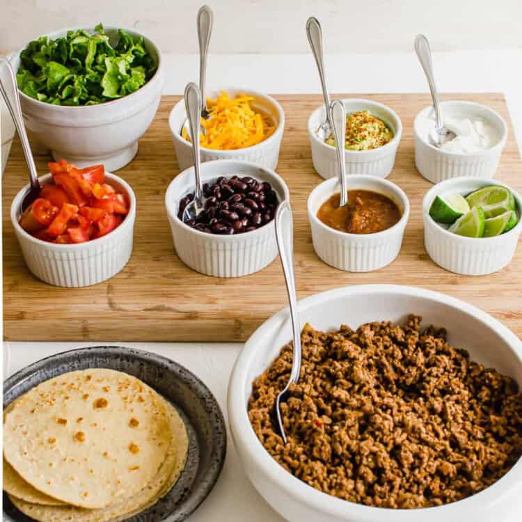 Taco bar with all the toppings lined up