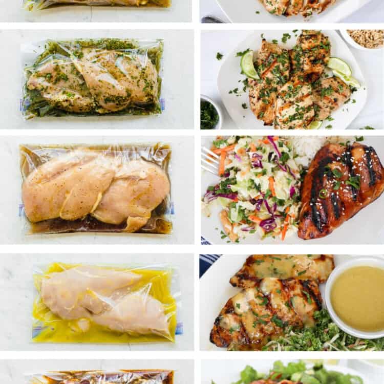 Collage of 7 different marinades with chicken breasts on the left and cooked dishes on the right.