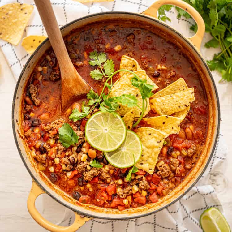 Large pot of Mexican soup with sliced limes, tortilla chips, and fresh cilantro on top.