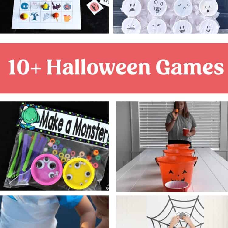 Collage of photos from Halloween party games for kids.