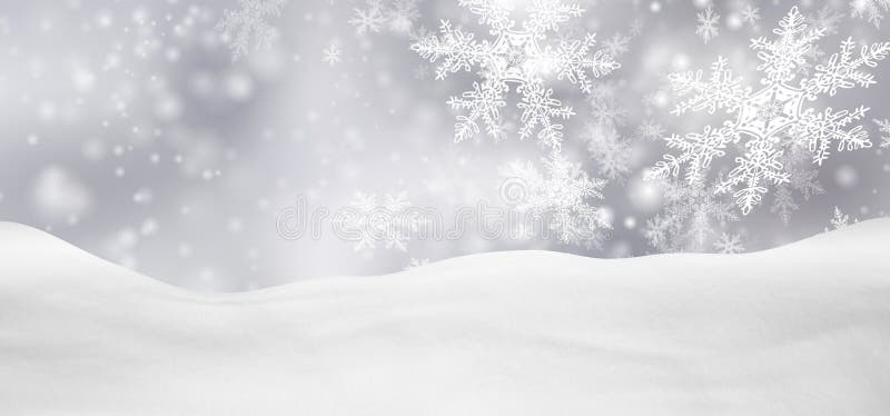 Abstract Silver Background Panorama Winter Landscape with Falling Snowflakes