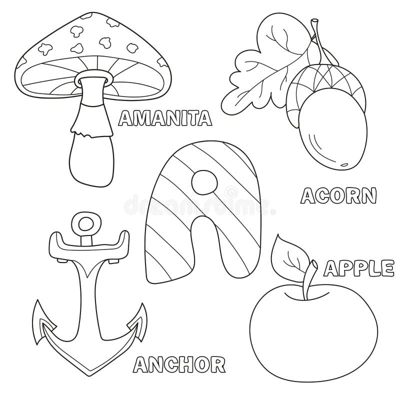 Apple, anchor, amanita, acorn letter A in kids alphabet