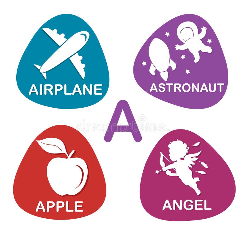 Cute alphabet in vector. A letter for Airplane, Astronaut, Apple, Angel.