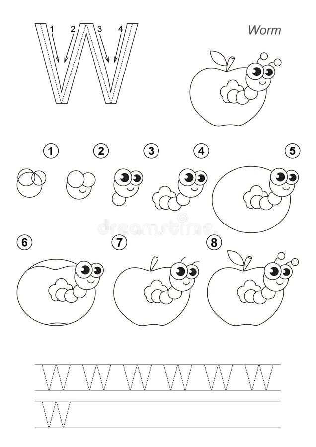 Drawing tutorial. Game for letter W. The apple worm.